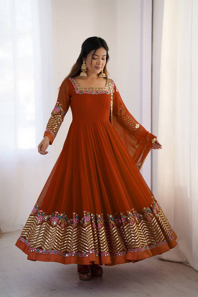 Orange Floral Embroidered Georgette Anarkali Suits