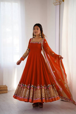 Orange Floral Embroidered Georgette Anarkali Suits