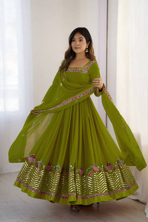 Dark Green Floral Embroidered Georgette Anarkali Suits