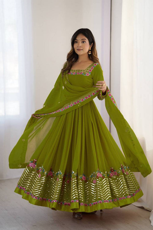 Dark Green Floral Embroidered Georgette Anarkali Suits