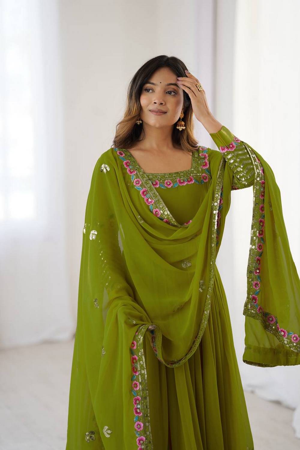 Dark Green Floral Embroidered Georgette Anarkali Suit (ZF-5010-Parrot Green)