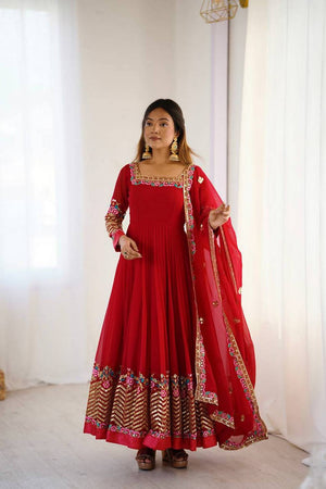 Red Floral Embroidered Georgette Anarkali Suits