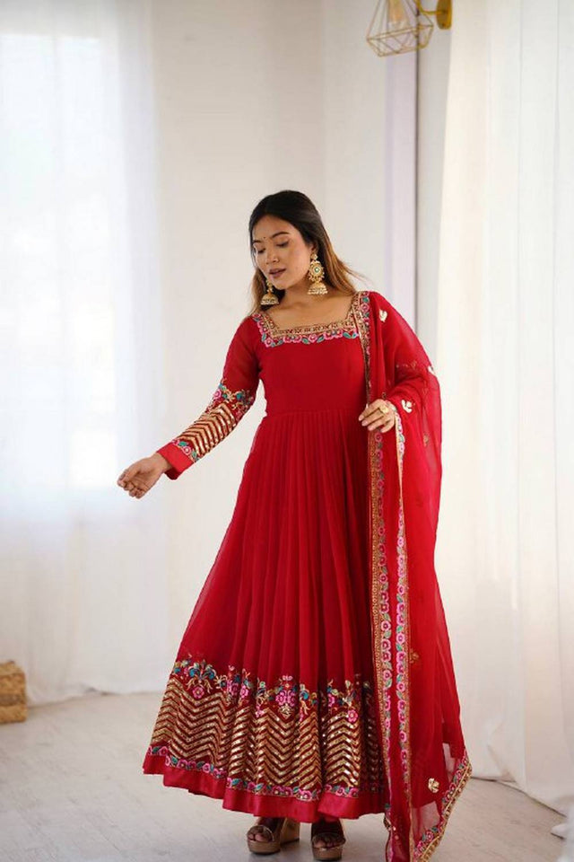 Red Floral Embroidered Georgette Anarkali Suits