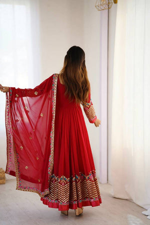Red Floral Embroidered Georgette Anarkali Suits
