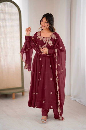 Maroon Floral Embroidered Silk Anarkali Suits