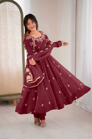 Maroon Floral Embroidered Silk Anarkali Suits