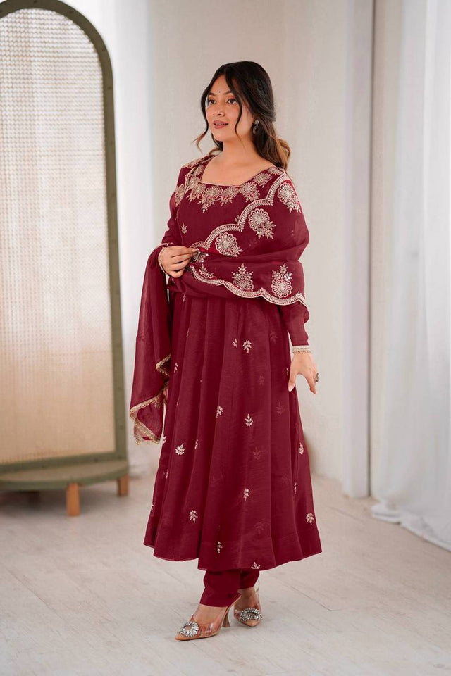 Maroon Floral Embroidered Silk Anarkali Suits