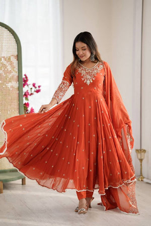 Red Sequin with Embroidered Georgette Anarkali Suits