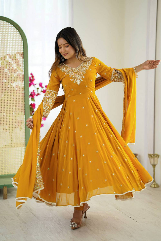 Yellow Sequin with Embroidered Georgette Anarkali Suits