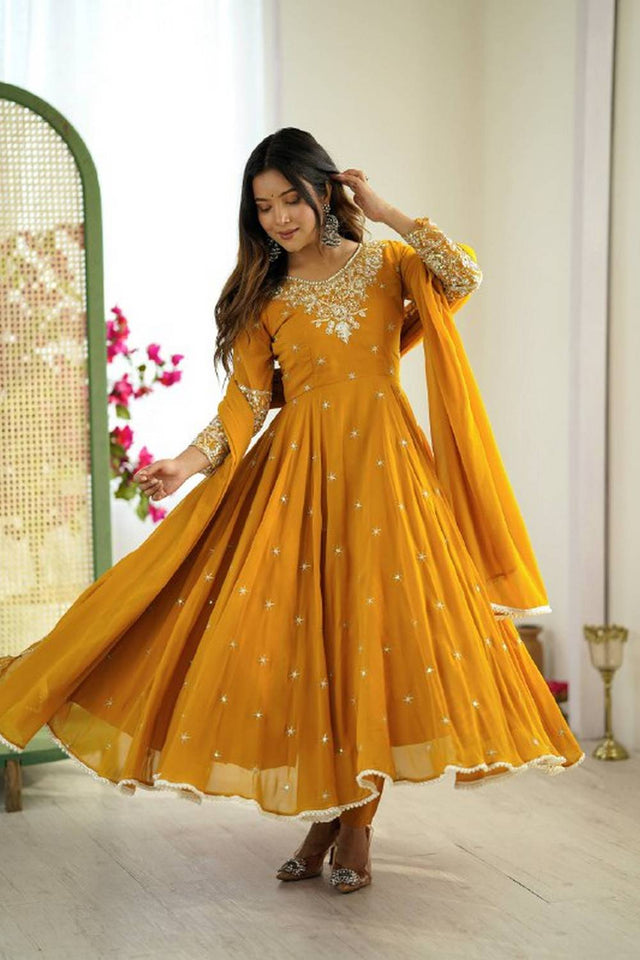 Yellow Sequin with Embroidered Georgette Anarkali Suits