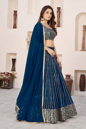Blue Sequin with Embroidered Georgette Lehenga (ZF-5067-Blue)