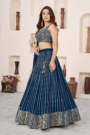 Blue Sequin with Embroidered Georgette Lehenga (ZF-5067-Blue)