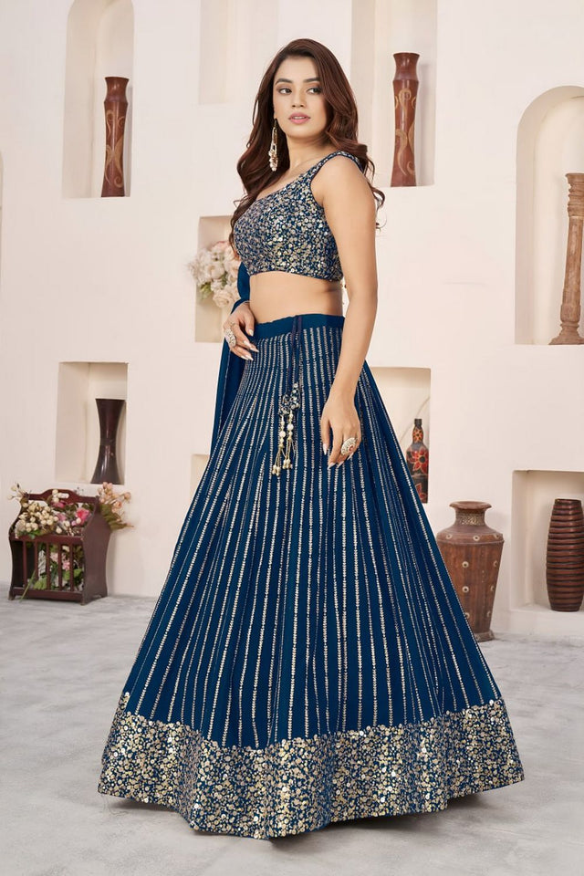 Blue Sequin with Embroidered Georgette Lehenga (ZF-5067-Blue)
