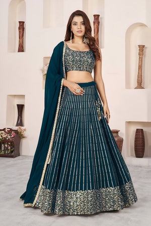 Green Sequin with Embroidered Georgette Lehenga (ZF-5067-Green)