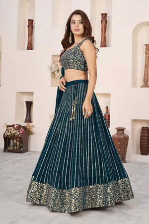 Green Sequin with Embroidered Georgette Lehenga (ZF-5067-Green)