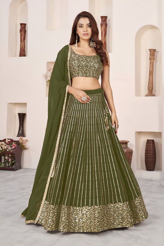 Olive Green Sequin with Embroidered Georgette Lehenga (ZF-5067-Olive)