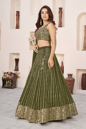 Olive Green Sequin with Embroidered Georgette Lehenga (ZF-5067-Olive)