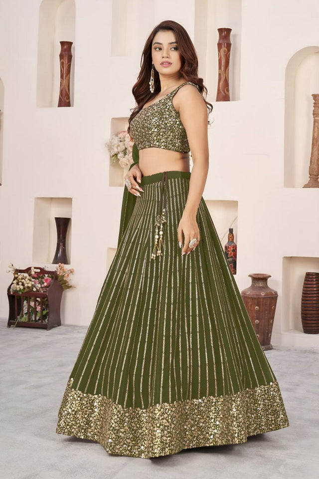 Olive Green Sequin with Embroidered Georgette Lehenga (ZF-5067-Olive)