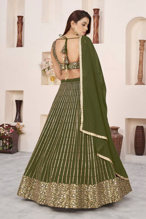 Olive Green Sequin with Embroidered Georgette Lehenga (ZF-5067-Olive)