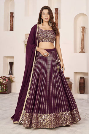 Wine Sequin with Embroidered Georgette Lehenga (ZF-5067-Wine)