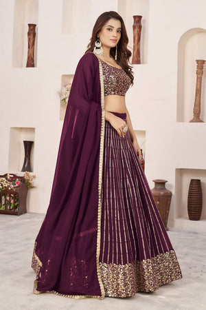 Wine Sequin with Embroidered Georgette Lehenga (ZF-5067-Wine)