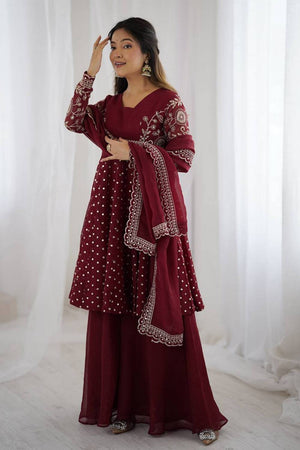 Maroon Floral Embroidered Silk Sharara Suits