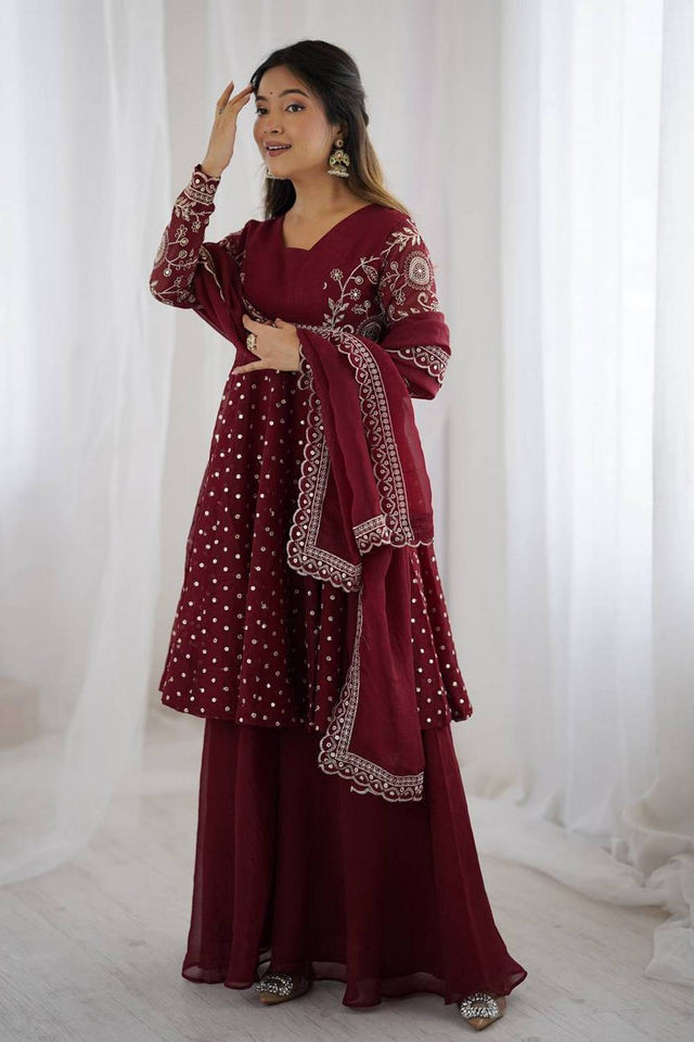 Maroon Floral Embroidered Silk Sharara Suits