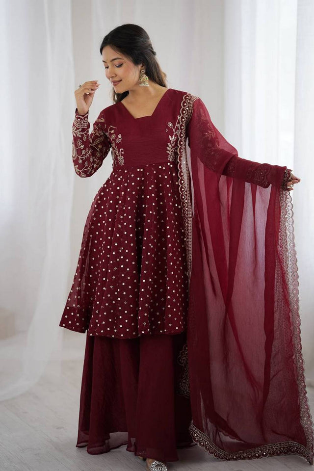 Maroon Floral Embroidered Silk Sharara Suits
