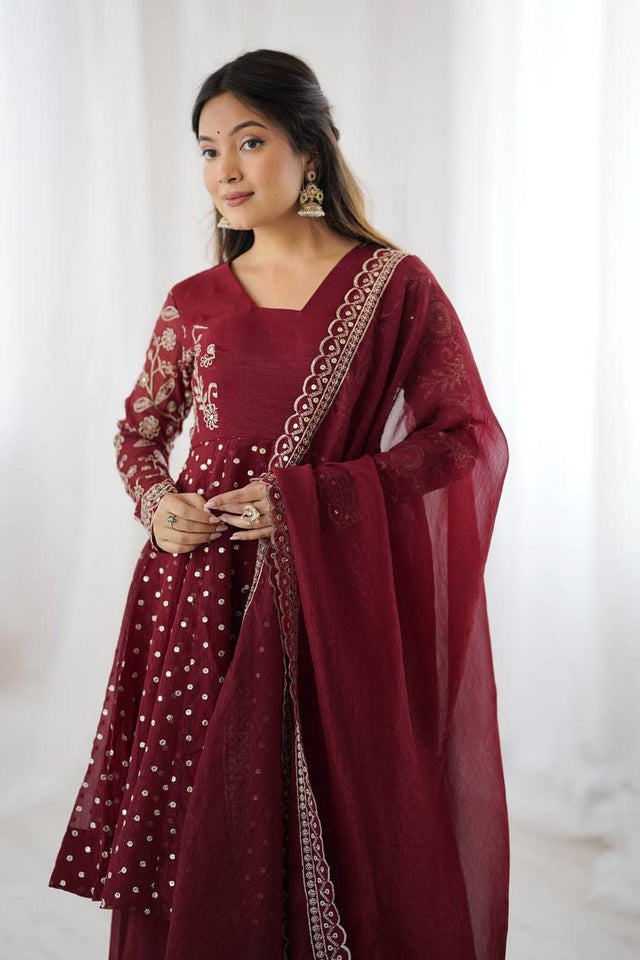 Maroon Floral Embroidered Silk Sharara Suits