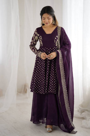 Violet Floral Embroidered Silk Sharara Suits