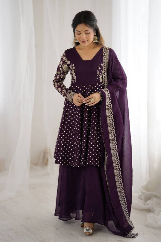 Violet Floral Embroidered Silk Sharara Suits