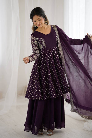 Violet Floral Embroidered Silk Sharara Suits