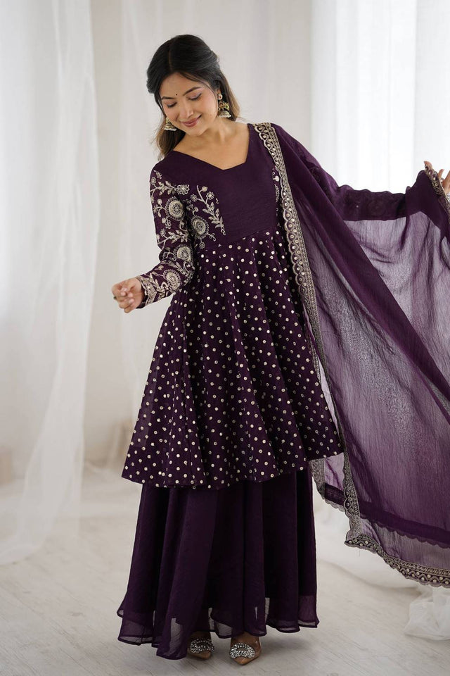 Violet Floral Embroidered Silk Sharara Suits