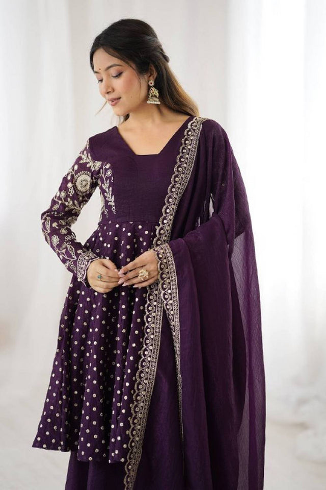 Violet Floral Embroidered Silk Sharara Suits