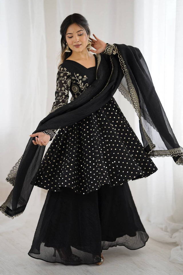 Black Floral Embroidered Silk Sharara Suits