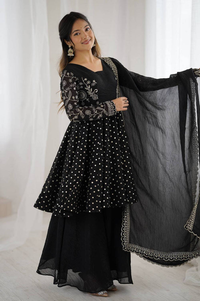 Black Floral Embroidered Silk Sharara Suits