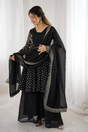 Black Floral Embroidered Silk Sharara Suits