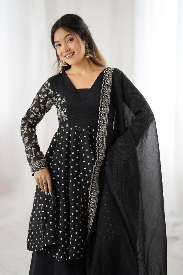 Black Floral Embroidered Silk Sharara Suits