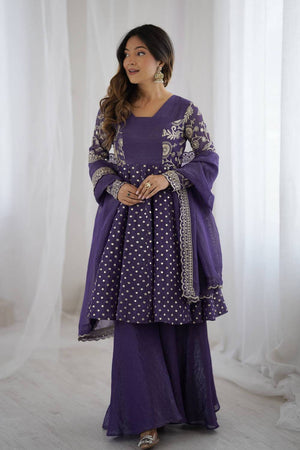 Violet Floral Embroidered Silk Sharara Suits