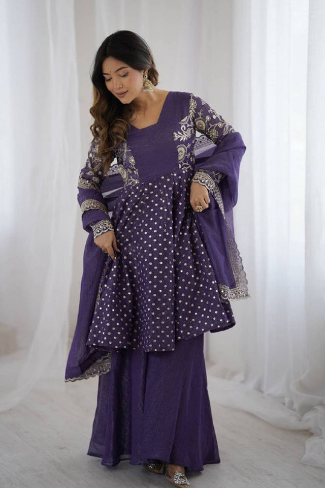 Violet Floral Embroidered Silk Sharara Suits