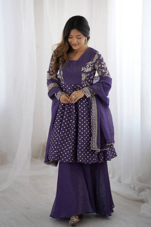 Violet Floral Embroidered Silk Sharara Suits