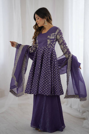 Violet Floral Embroidered Silk Sharara Suits