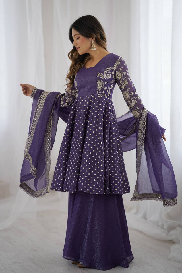 Violet Floral Embroidered Silk Sharara Suits