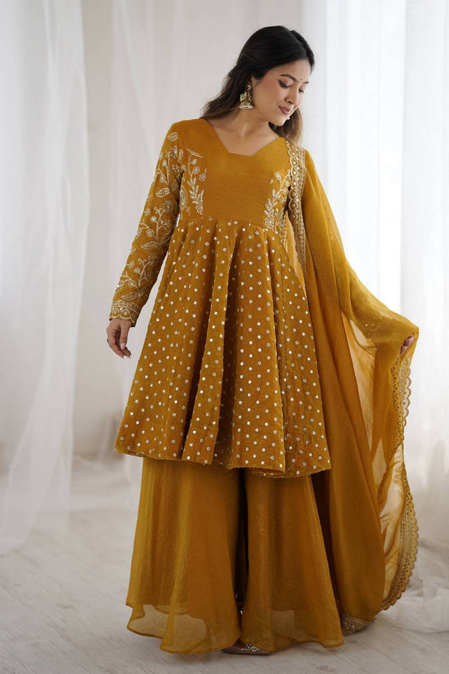 Yellow Floral Embroidered Silk Sharara Suits
