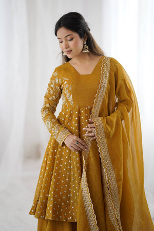 Yellow Floral Embroidered Silk Sharara Suits
