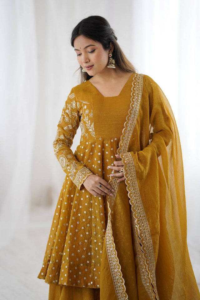 Yellow Floral Embroidered Silk Sharara Suits