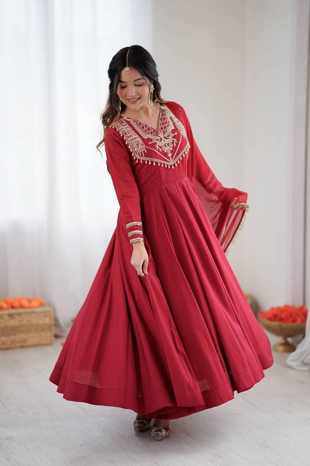 Red Embroidered Silk Anarkali Suits