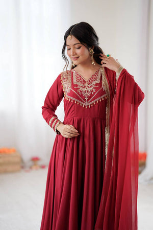Red Embroidered Silk Anarkali Suits