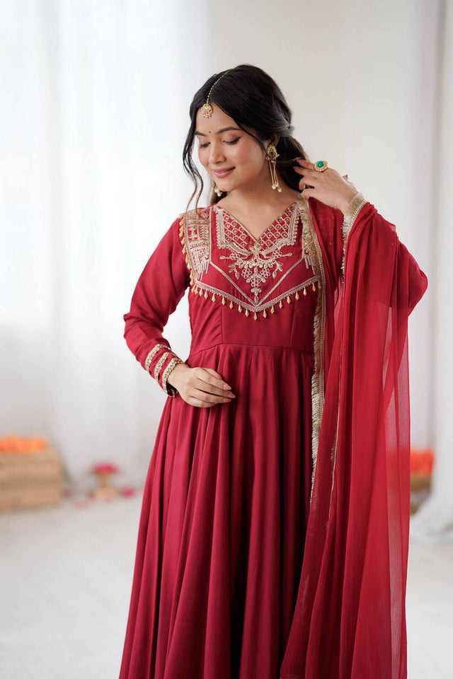 Red Embroidered Silk Anarkali Suits