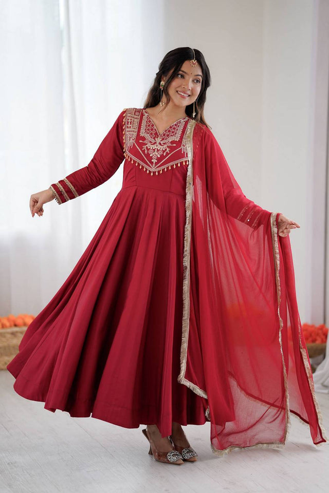 Red Embroidered Silk Anarkali Suits